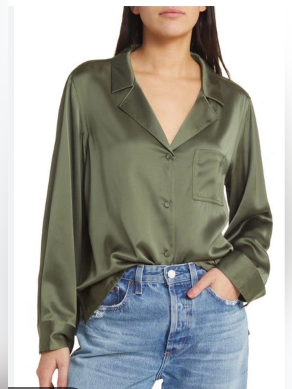TREASURE & BOND Satin Button-up Top In Olive Kalamata Sz L